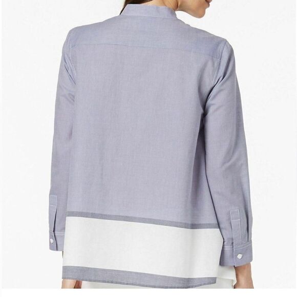 Anne Klein 100% cotton chambray top blouse front button light blue white block L - Picture 2 of 14